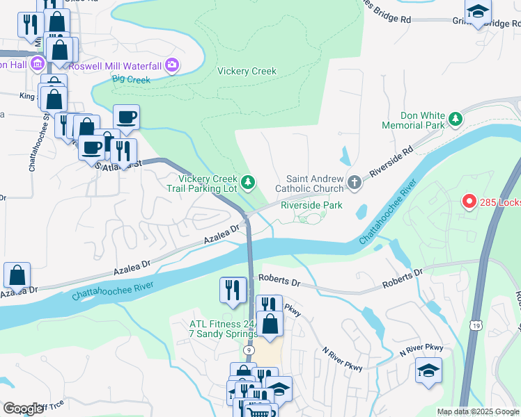 map of restaurants, bars, coffee shops, grocery stores, and more near 390 Riverside Road in Roswell