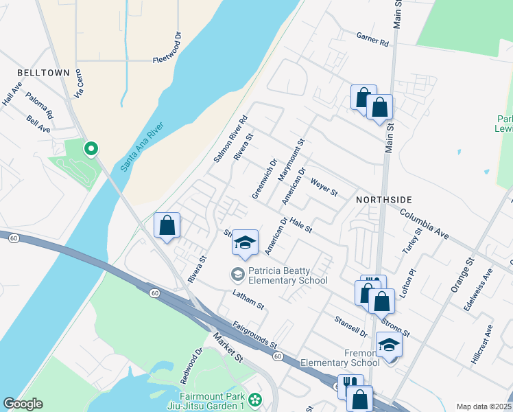 map of restaurants, bars, coffee shops, grocery stores, and more near 4364 Hale Street in Riverside