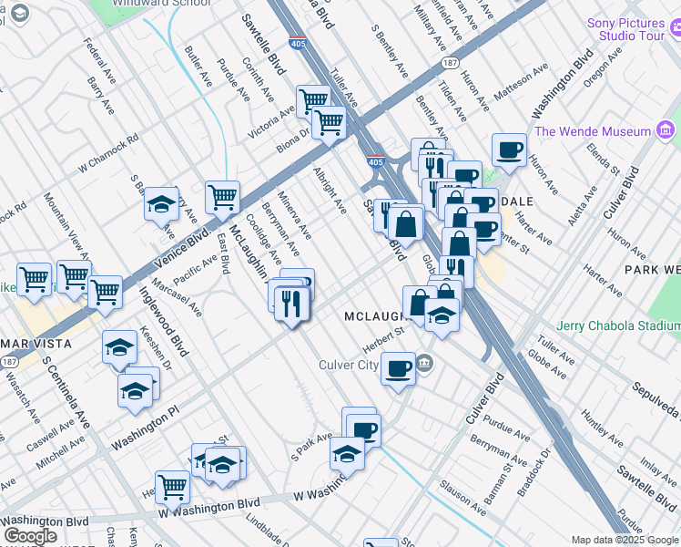 map of restaurants, bars, coffee shops, grocery stores, and more near 3982 Minerva Avenue in Los Angeles