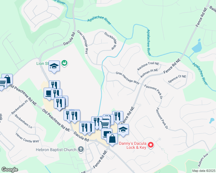 map of restaurants, bars, coffee shops, grocery stores, and more near 605 Chadmon Court Trace in Dacula