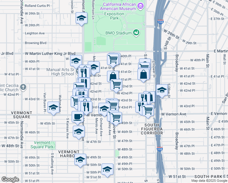 map of restaurants, bars, coffee shops, grocery stores, and more near West 42nd Place in Los Angeles