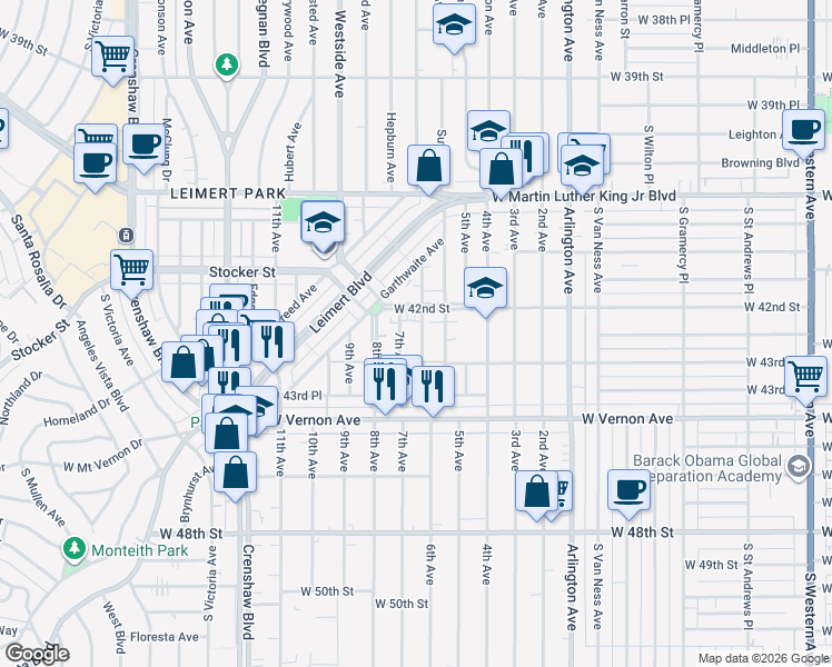 map of restaurants, bars, coffee shops, grocery stores, and more near 4224 7th Avenue in Los Angeles