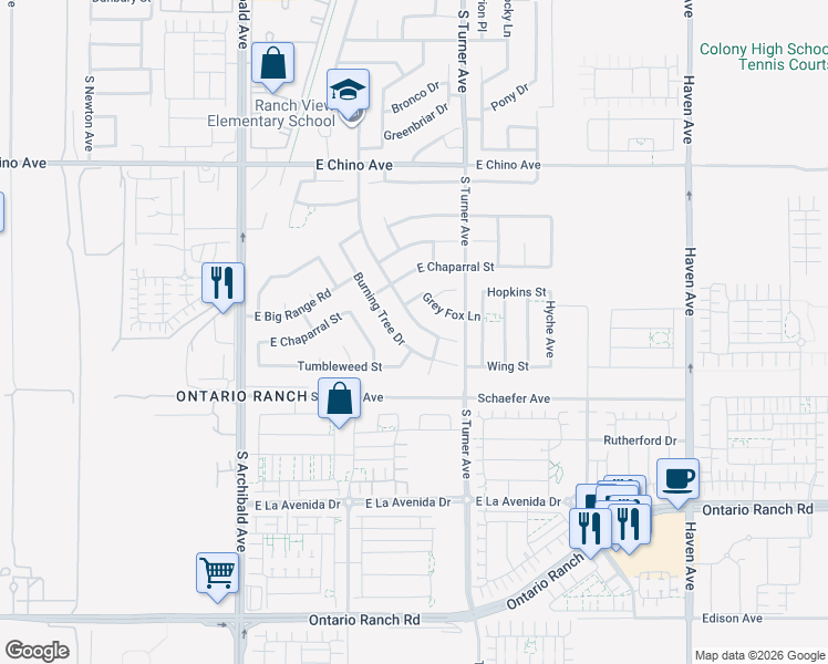 map of restaurants, bars, coffee shops, grocery stores, and more near 3692 Old Archibald Ranch Road in Ontario