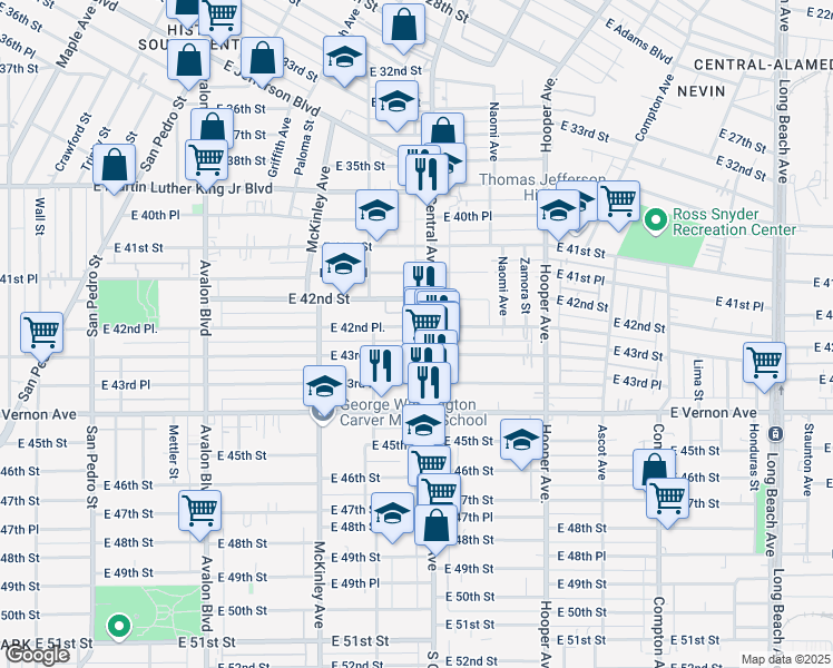 map of restaurants, bars, coffee shops, grocery stores, and more near 1054 East 42nd Place in Los Angeles