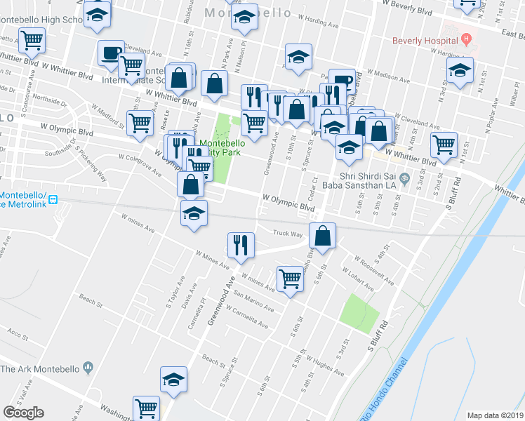 map of restaurants, bars, coffee shops, grocery stores, and more near 1013 Eucalipto Place in Montebello