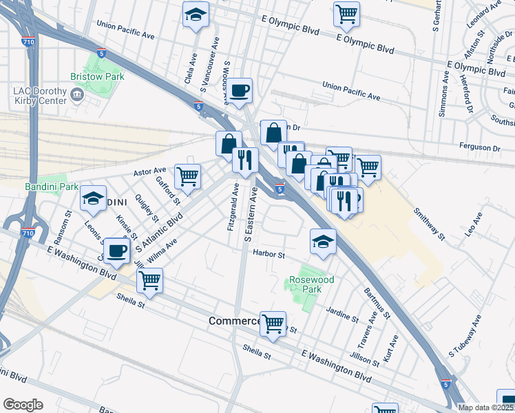 map of restaurants, bars, coffee shops, grocery stores, and more near 5480 East Village Drive in Commerce