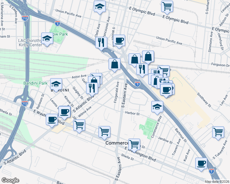 map of restaurants, bars, coffee shops, grocery stores, and more near 2148 Fitzgerald Avenue in Commerce