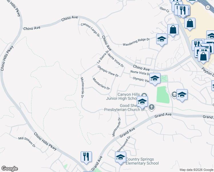 map of restaurants, bars, coffee shops, grocery stores, and more near 13595 Vía San Remo in Chino Hills