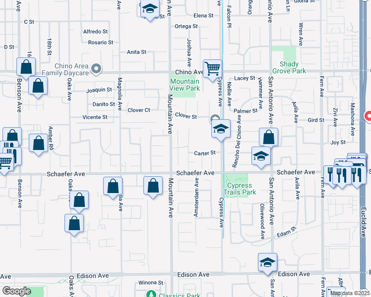 map of restaurants, bars, coffee shops, grocery stores, and more near 13602 Joshua Lane in Chino