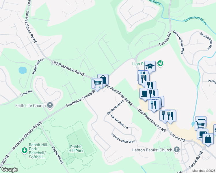 map of restaurants, bars, coffee shops, grocery stores, and more near 3275 Old Peachtree Road Northeast in Dacula