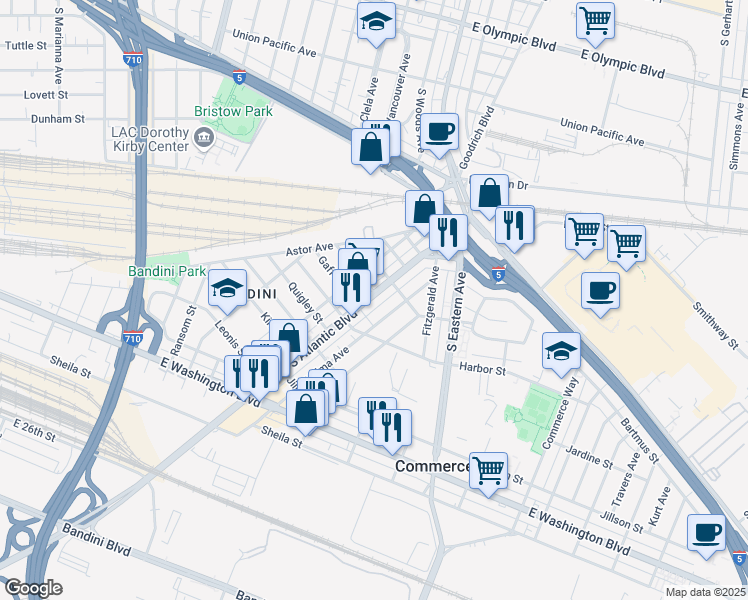 map of restaurants, bars, coffee shops, grocery stores, and more near 2180 South Atlantic Boulevard in Commerce