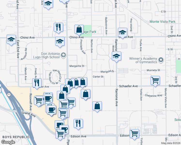 map of restaurants, bars, coffee shops, grocery stores, and more near 13580 Norton Avenue in Chino