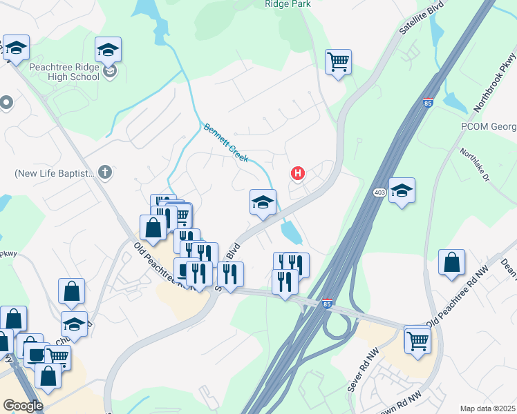 map of restaurants, bars, coffee shops, grocery stores, and more near 1435 Satellite Boulevard Northwest in Suwanee