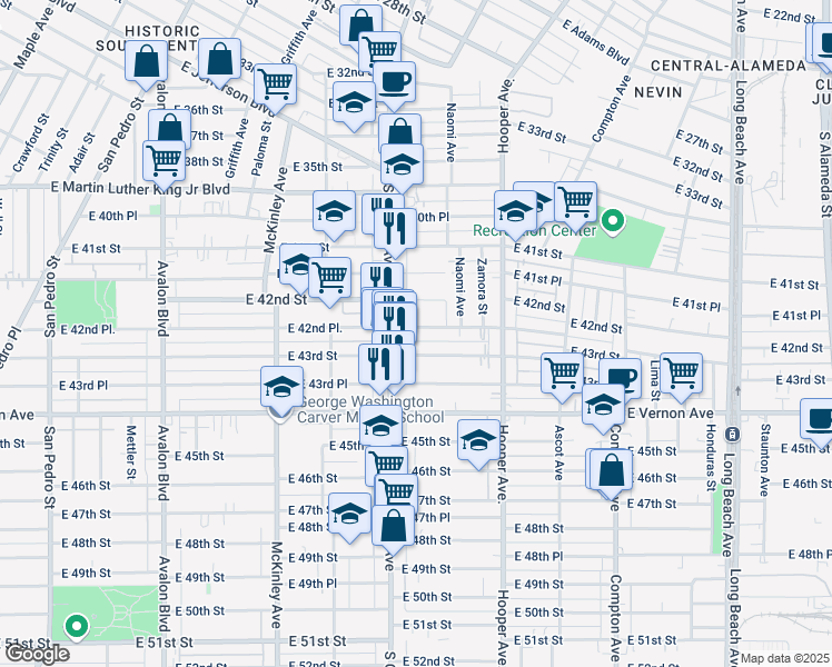 map of restaurants, bars, coffee shops, grocery stores, and more near 1138 East 42nd Place in Los Angeles