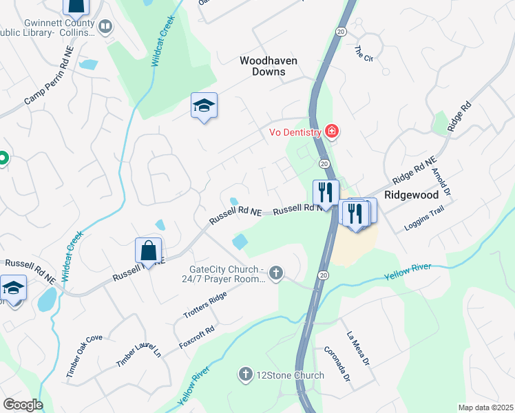 map of restaurants, bars, coffee shops, grocery stores, and more near 547 Russell Road in Lawrenceville