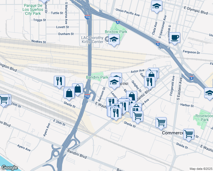 map of restaurants, bars, coffee shops, grocery stores, and more near 4901 Leonis Street in Commerce