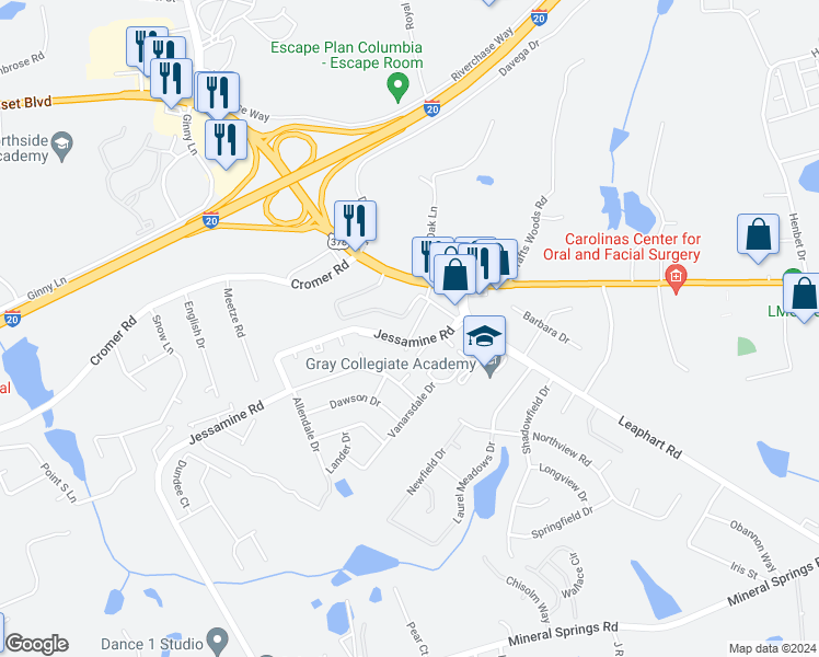 map of restaurants, bars, coffee shops, grocery stores, and more near 3971 Southeastern Way in West Columbia