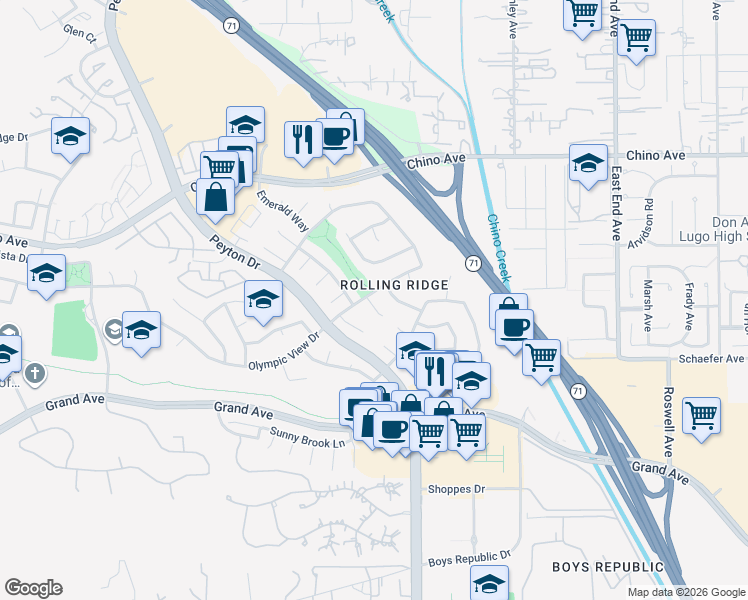 map of restaurants, bars, coffee shops, grocery stores, and more near 13562 Whispering Willow in Chino Hills