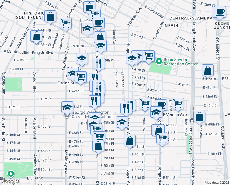 map of restaurants, bars, coffee shops, grocery stores, and more near 1206 East 42nd Place in Los Angeles