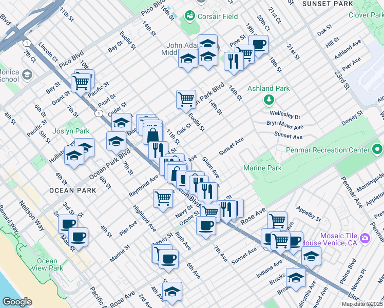 map of restaurants, bars, coffee shops, grocery stores, and more near 2823 11th Street in Santa Monica