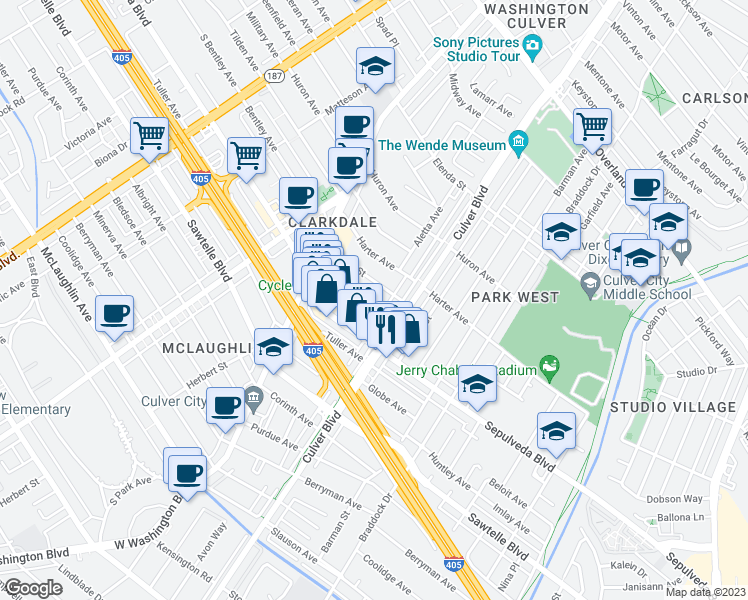 map of restaurants, bars, coffee shops, grocery stores, and more near 4178 Commonwealth Avenue in Culver City