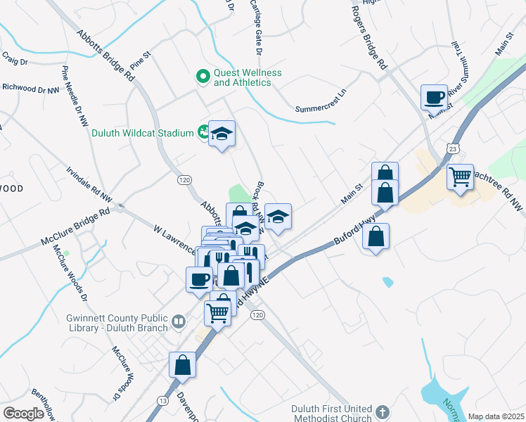 map of restaurants, bars, coffee shops, grocery stores, and more near 3598 Brock Road Northwest in Duluth