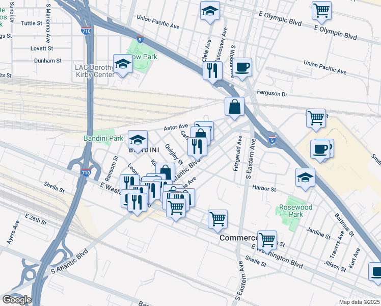 map of restaurants, bars, coffee shops, grocery stores, and more near 2214 Cowlin Avenue in Commerce