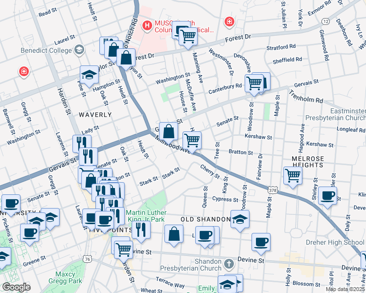 map of restaurants, bars, coffee shops, grocery stores, and more near 2459 Millwood Avenue in Columbia