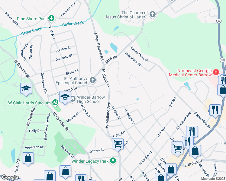 map of restaurants, bars, coffee shops, grocery stores, and more near 263 Midland Avenue in Winder