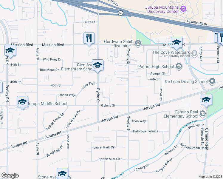 map of restaurants, bars, coffee shops, grocery stores, and more near 4490 Farley Drive in Riverside