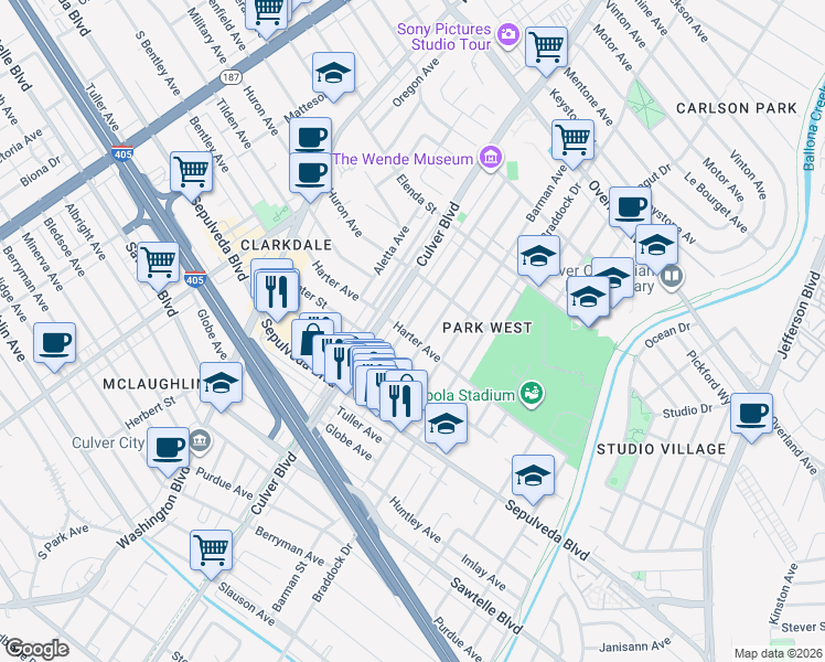 map of restaurants, bars, coffee shops, grocery stores, and more near 11060 Wagner Street in Culver City
