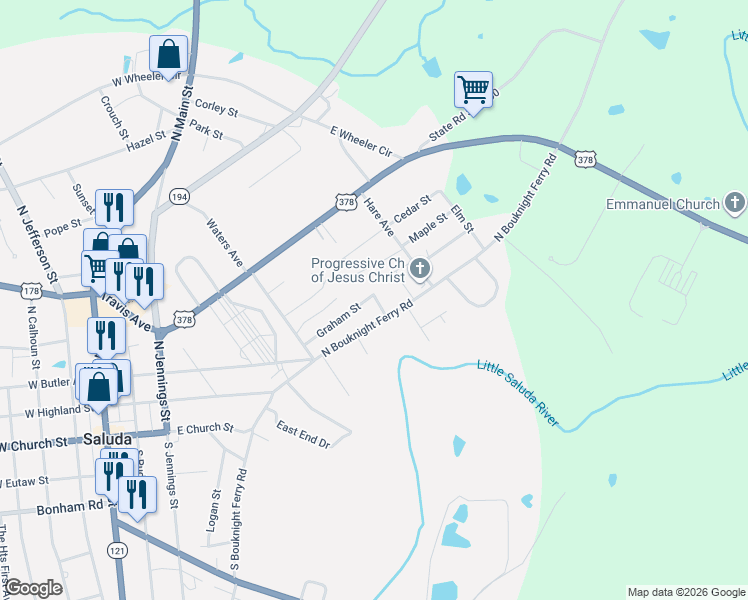 map of restaurants, bars, coffee shops, grocery stores, and more near 256 Graham Street in Saluda