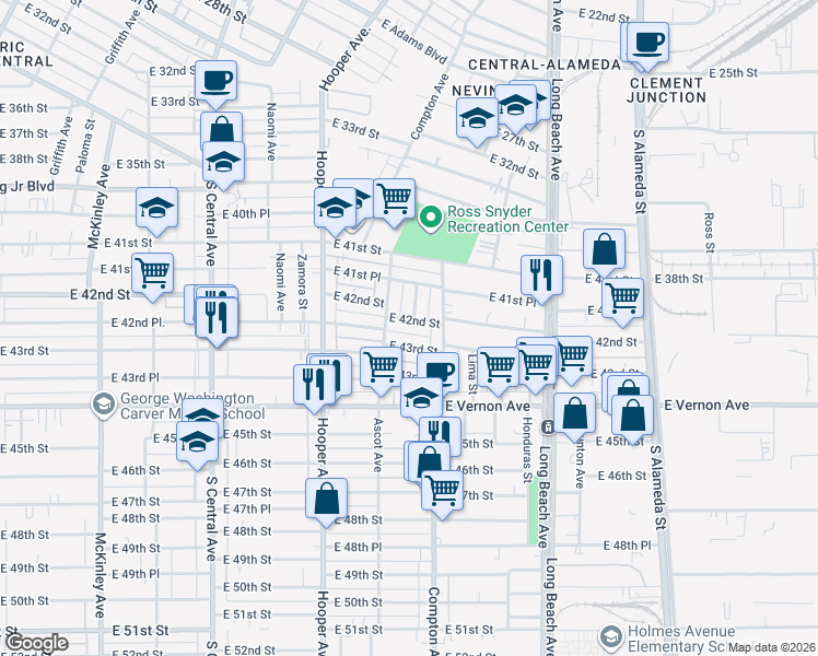 map of restaurants, bars, coffee shops, grocery stores, and more near 1402 East 42nd Street in Los Angeles