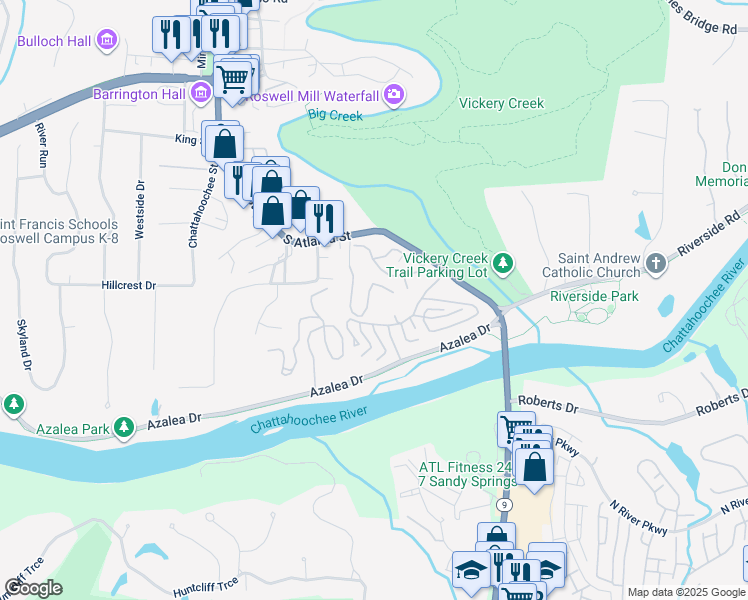 map of restaurants, bars, coffee shops, grocery stores, and more near 511 Warm Springs Circle in Roswell