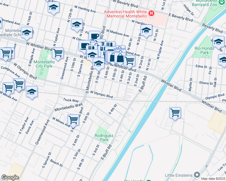map of restaurants, bars, coffee shops, grocery stores, and more near 230 South 5th Street in Montebello
