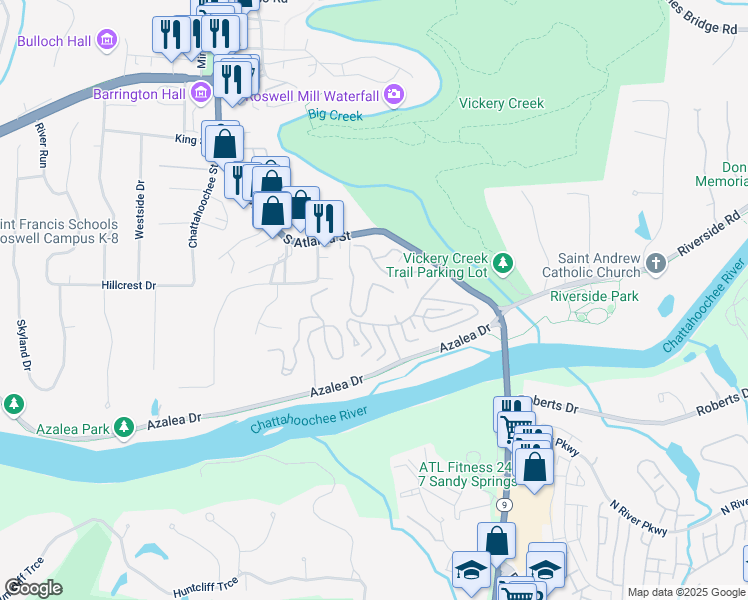 map of restaurants, bars, coffee shops, grocery stores, and more near 330 Warm Springs Circle in Roswell