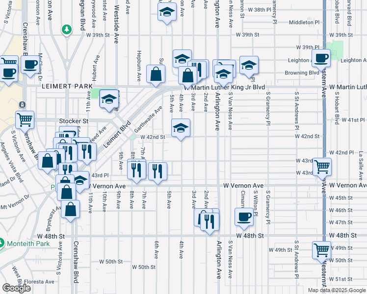 map of restaurants, bars, coffee shops, grocery stores, and more near 4228 4th Avenue in Los Angeles