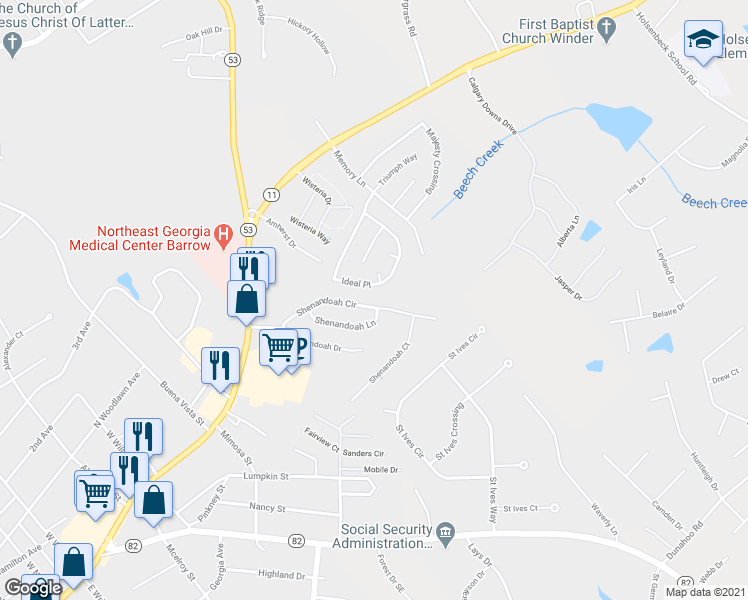map of restaurants, bars, coffee shops, grocery stores, and more near 334 Shenandoah Circle in Winder