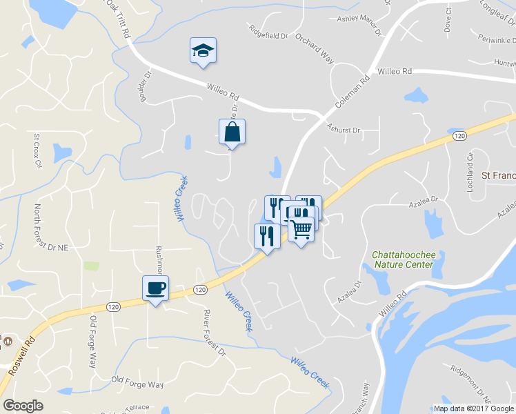 map of restaurants, bars, coffee shops, grocery stores, and more near 3410 Lake Pointe Circle in Roswell