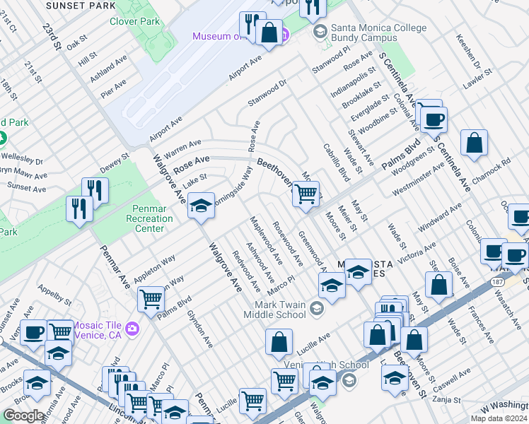 map of restaurants, bars, coffee shops, grocery stores, and more near 3445 Rosewood Avenue in Los Angeles