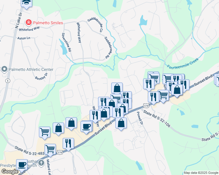 map of restaurants, bars, coffee shops, grocery stores, and more near 346 Saluda Springs Road in Lexington