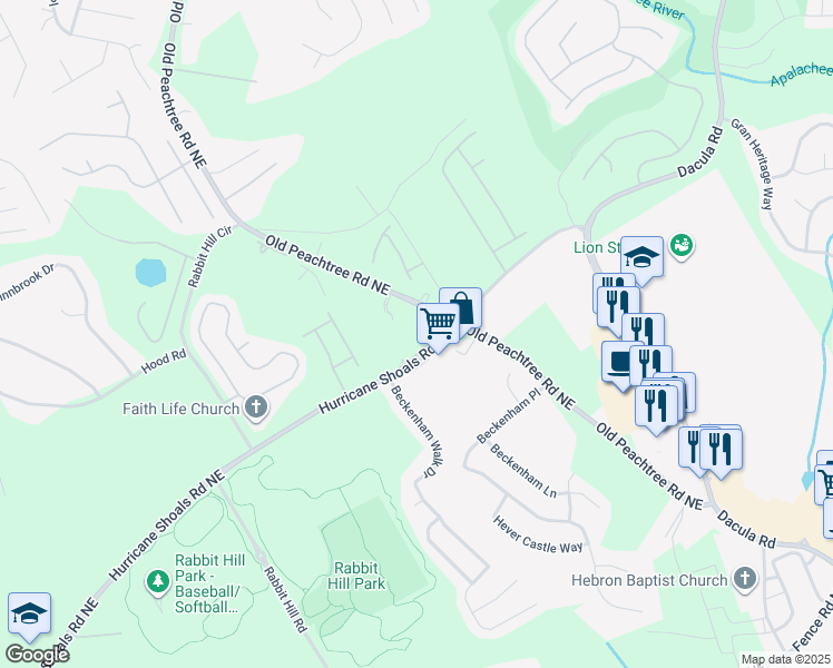 map of restaurants, bars, coffee shops, grocery stores, and more near 2050 Hurricane Shoals Road Northeast in Dacula