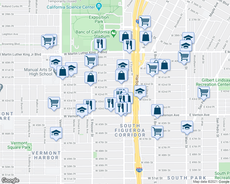 map of restaurants, bars, coffee shops, grocery stores, and more near 533 West 42nd Place in Los Angeles