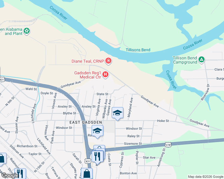 map of restaurants, bars, coffee shops, grocery stores, and more near 828 Gaines Avenue in Gadsden