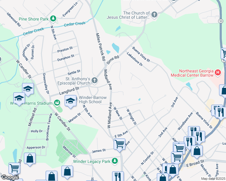 map of restaurants, bars, coffee shops, grocery stores, and more near 263 Midland Avenue in Winder