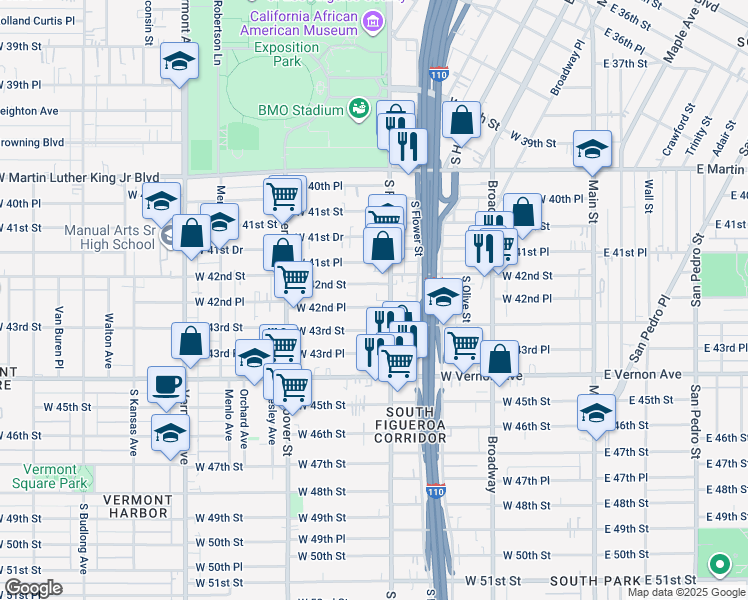 map of restaurants, bars, coffee shops, grocery stores, and more near 517 West 42nd Place in Los Angeles