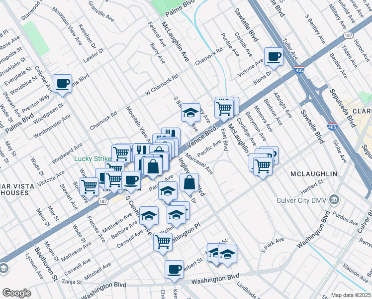 map of restaurants, bars, coffee shops, grocery stores, and more near 11944 1/2 Venice Boulevard in Los Angeles