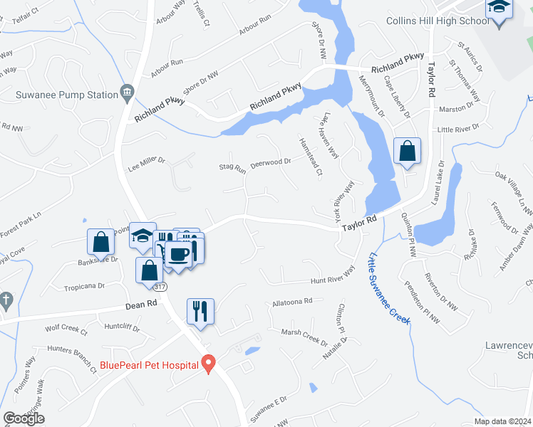 map of restaurants, bars, coffee shops, grocery stores, and more near 419 Taylor Road in Suwanee