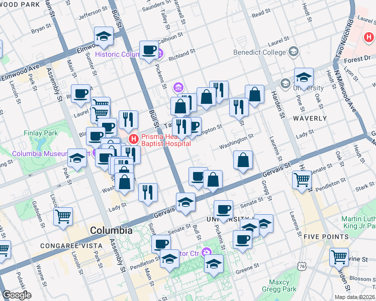 map of restaurants, bars, coffee shops, grocery stores, and more near 1370 Pickens Street in Columbia