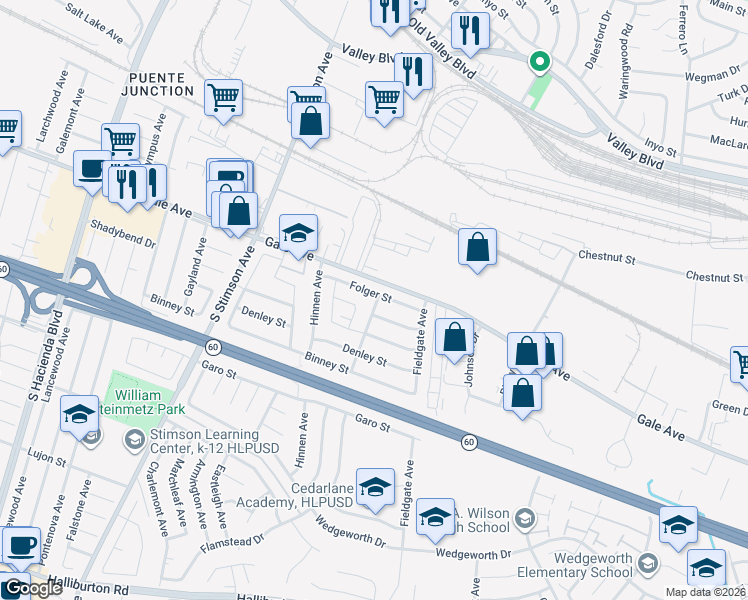 map of restaurants, bars, coffee shops, grocery stores, and more near 1107 Glenelder Avenue in Hacienda Heights
